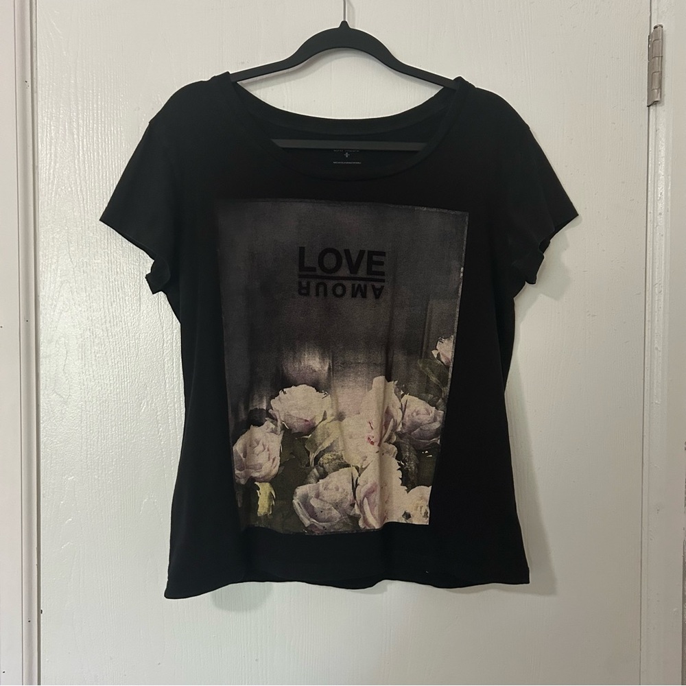 Express Black Tee with Floral and Text Design